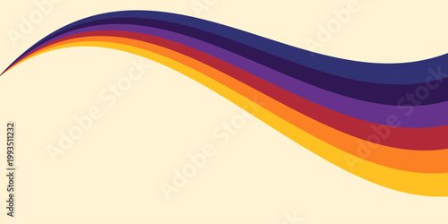 Abstract colorful 70s background vector. Vintage retro wallpaper with rainbow stripes and wavy lines. A 1970 color illustration suitable for posters, banners, decorative items and wall art.
