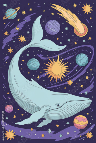Whale swimming through a colorful galaxy with planets and stars