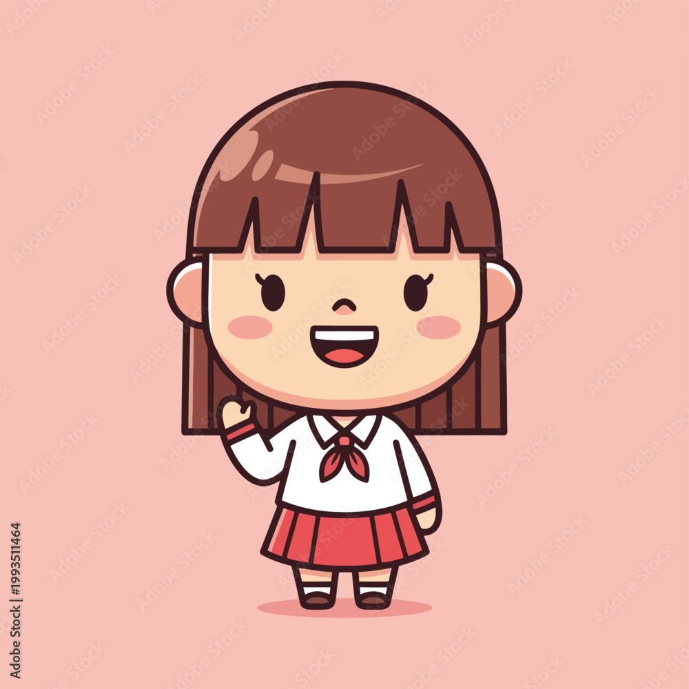 Fototapeta premium Cute cartoon girl student waving hand with happy expression.