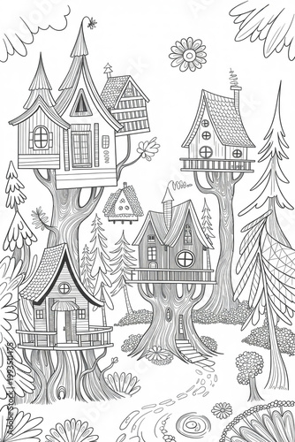 Whimsical treehouses nestled in forest trees with winding stream