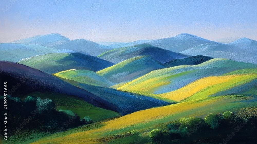 Fototapeta premium Serene Hillscape in Soft Pastel Colors with Layered Abstraction and Clean Lines for Tranquil Settings