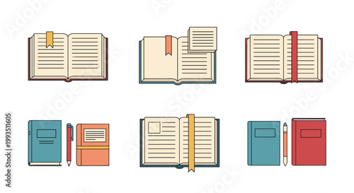 Assorted collection of open and closed books with bookmarks and pens for education, reading, library, and study related design themes or icons.