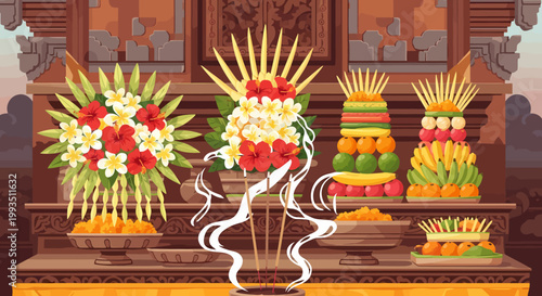 Traditional Balinese offerings with vibrant flowers and incense for religious ceremony