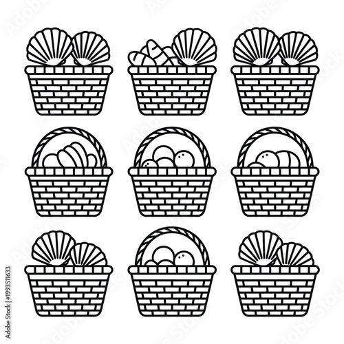 Wicker basket collection icon set featuring various food items like bread fruits and sea shells on transparent background vector.