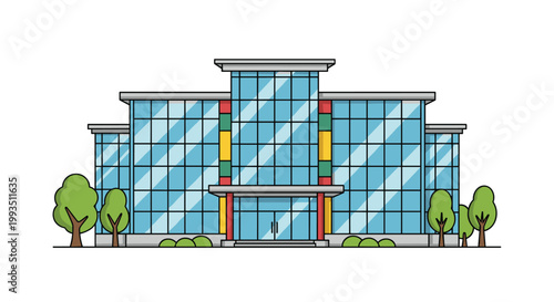 Modern architectural design of a large glass office building or shopping mall with green trees and a clean entrance area in a commercial district.