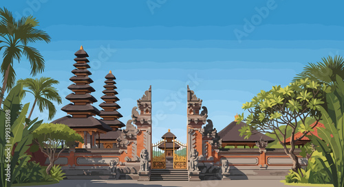 Traditional Balinese temple entrance with ornate gates and multi-tiered pagodas