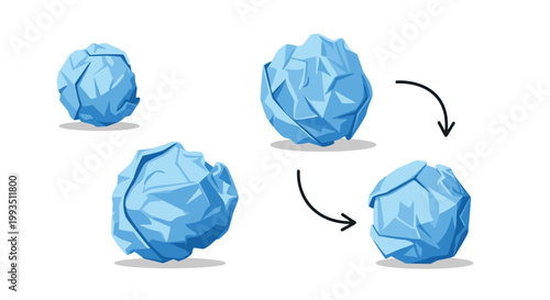 Group of light blue crumpled paper balls with black arrows indicating a sequence or process of recycling and reuse of waste materials in a cycle.