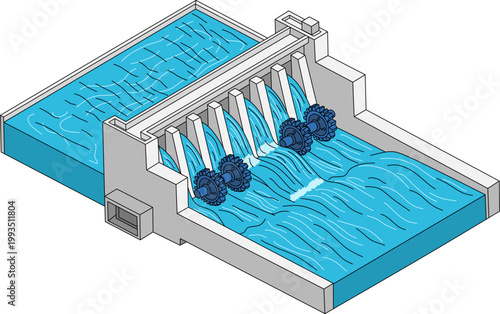 Technology dam in a power plant harnesses flowing waters energy. Suitable for renewable energy, future technology, hydroelectric power concepts.