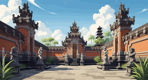 Traditional Balinese Temple Architecture with Ornate Gates and Statues