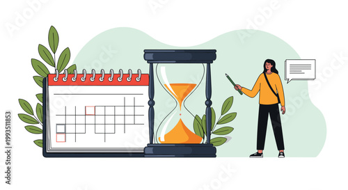 Woman pointing at a large hourglass next to a desk calendar to illustrate concepts of time management, deadlines, and project scheduling tasks.