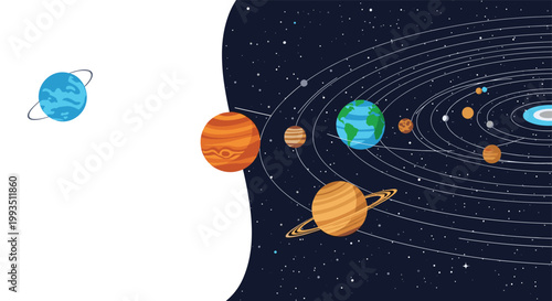 Detailed map of the solar system showing the sun, planetary orbits, and planets like earth, jupiter, and saturn against a dark starry background.