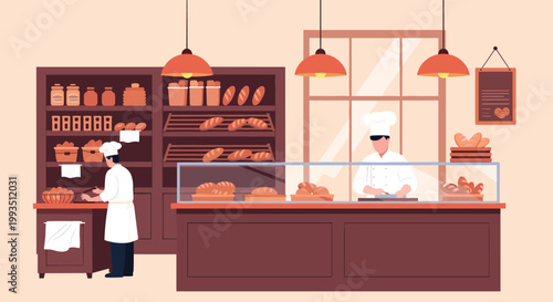 Two professional bakers working in a large commercial bakery kitchen preparing and displaying fresh bread and pastries on wooden shelves.