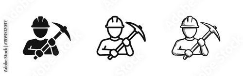 Miner Worker Icon Set with Pickaxe and Hard Hat
