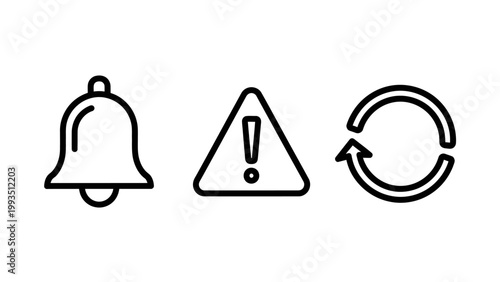 Set of three icons: notification bell warning triangle refresh arrows with exclamation mark line art user interface refresh icon circular arrows interface elements app icon web icon UI design