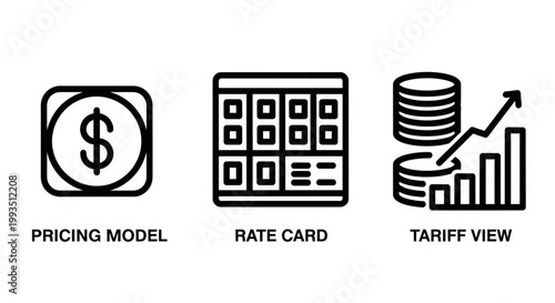 Icons representing pricing model rate card tariff view with data graph dollar sign line art business icon finance icon data analysis business strategy financial planning increase