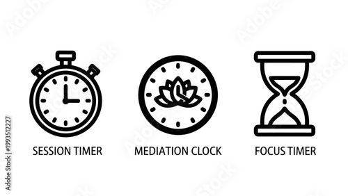 Meditation and focus timer icons with meditation stopwatch hourglass management mindfulness wellness concentration productivity schedule illustration personal development measurement
