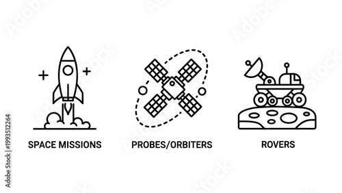 Space mission rocket probe orbiter rover icons with outer space solar panel spacecraft exploration technology astronomy satellite universe discovery research celestial transportation