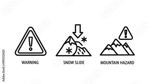 Warning sign avalanche mountain hazard icons with risk management danger zone avalanche mountain illustration minimalist collection outdoors information prevention environment snowfall