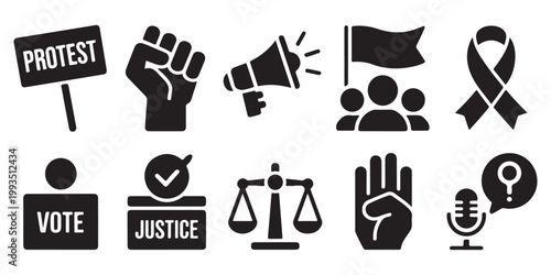 Protest and Civil Rights Icon Set with Justice and Voting Symbols