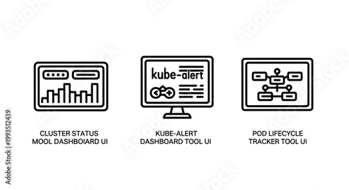 Collection of technology dashboard icons: cluster status kubernetes alerts pod monitoring with dashboard monitoring kubernetes technology computer analytics information software application