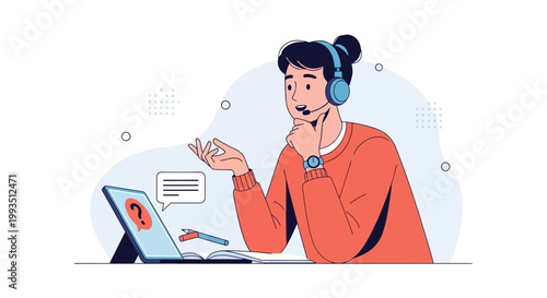 Customer support operator with headset and laptop, online help and consultation