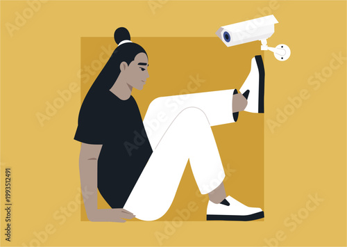 Character sits on the ground in casual attire, feeling the weight of being observed by a CCTV camera overhead, This scene captures the tension of privacy loss in a contemporary world.