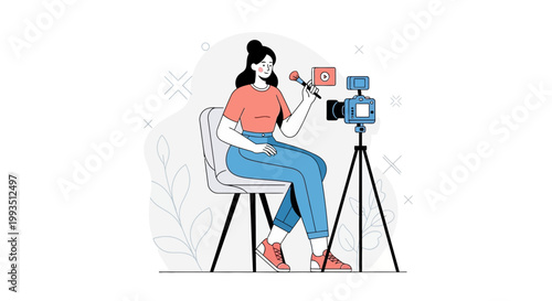 Woman vlogger recording video with camera and microphone, content creation concept