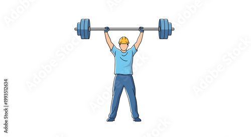 Strong construction worker in a safety helmet lifting a heavy blue barbell over his head to demonstrate strength and physical fitness on site.