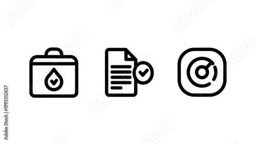 Healthcare and medical diagnostic icons featuring first aid kit document verification and target scanning symbols for health checks healthcare document verification laboratory hospital emergency