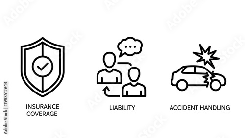 Car insurance and accident management icons including coverage shield liability talk and accident handling vehicle crash symbols with insurance accident coverage liability handling automotive