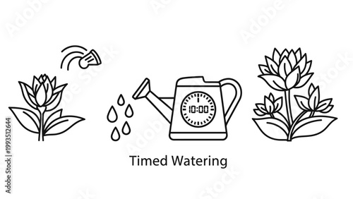 Automated gardening icons for timed watering system featuring plant growth watering can with clock timer and blooming flower watering automatic irrigation gardening schedule equipment isolated