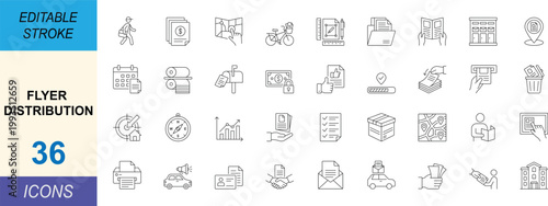 Flyer distribution line icon set with clean stroke, minimal outline style. Includes marketing, delivery, promotion, navigation and logistics concepts. Professional editable vector icons.