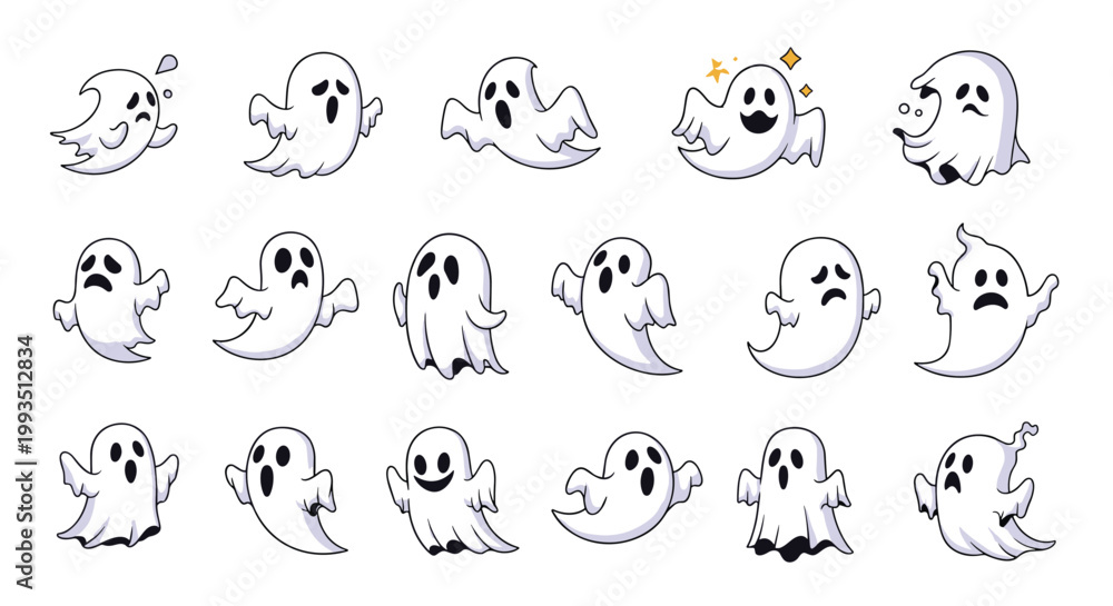 Fototapeta premium Cute cartoon ghost characters collection featuring diverse emotions and spooky poses perfect for halloween celebration graphics.