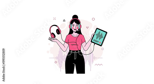 Woman with headphones and tablet showing sound waves, podcasting or music production concept