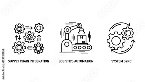 Industrial logistics and automation vector icons featuring supply chain integration robotic arm and system synchronization integration logistics automation conveyor delivery industrial shipping