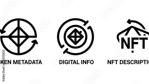 Set of line icons representing nft technology including token metadata digital information and non-fungible token description for blockchain assets with metadata information blockchain cryptocurren