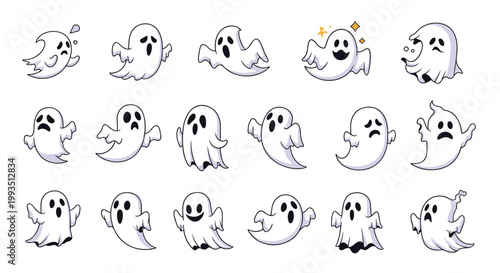 Cute cartoon ghost characters collection featuring diverse emotions and spooky poses perfect for halloween celebration graphics.