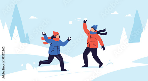 Two happy children in warm winter clothes having a fun snowball fight in a beautiful snowy landscape with pine trees and soft blue sky.