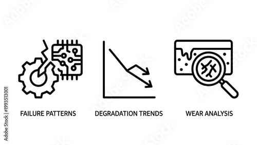 Industrial failure analysis and degradation trend monitoring icons with analysis degradation industrial monitoring magnifying technical maintenance technology solution engineering assessment