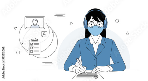 Customer service agent with mask and headset, online support, remote work, checklist, video call