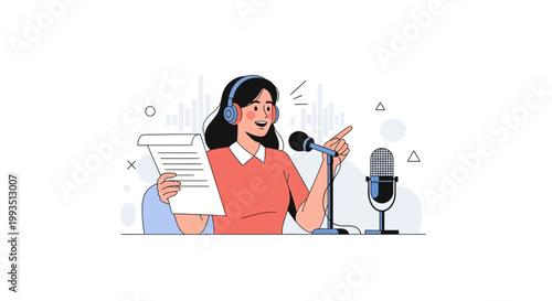Woman with headphones recording audio at a microphone, podcasting or voiceover