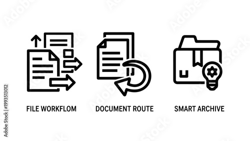 Professional document workflow and smart archiving system icons with document workflow management business organization efficiency information technology administration paperwork categorize