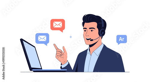 Customer service agent with headset, laptop, and email icons, communication concept