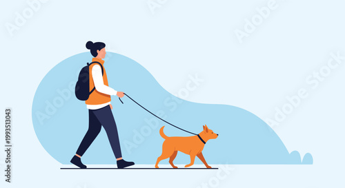Active woman with backpack walking her dog on a leash during an outdoor morning exercise routine in a minimal park environment.