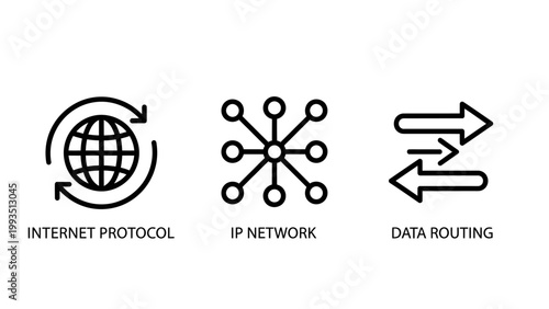Internet protocol and data routing network icons representing global connectivity and information transfer with internet protocol connection connectivity communication technology information