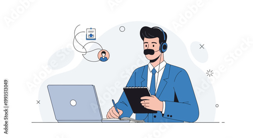 Customer service agent with headset working on laptop and tablet, online support concept
