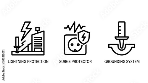 Electrical safety and infrastructure protection line icons for lightning protection surge protector and grounding system with electrical protection lightning protector grounding infrastructure