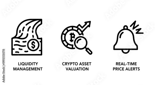 Set of finance and cryptocurrency business icons with liquidity currency management valuation business investment notification blockchain interface minimalist commerce transaction analysis
