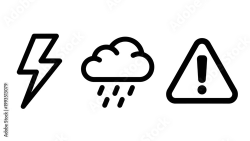 Set of weather and hazard warning icons with thunderstorm lightning meteorology emergency attention forecast protection precaution precipitation atmosphere meteorological notification