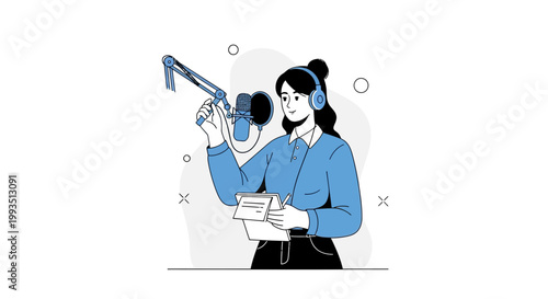 Woman with headphones speaking into microphone, recording podcast or voiceover, holding script